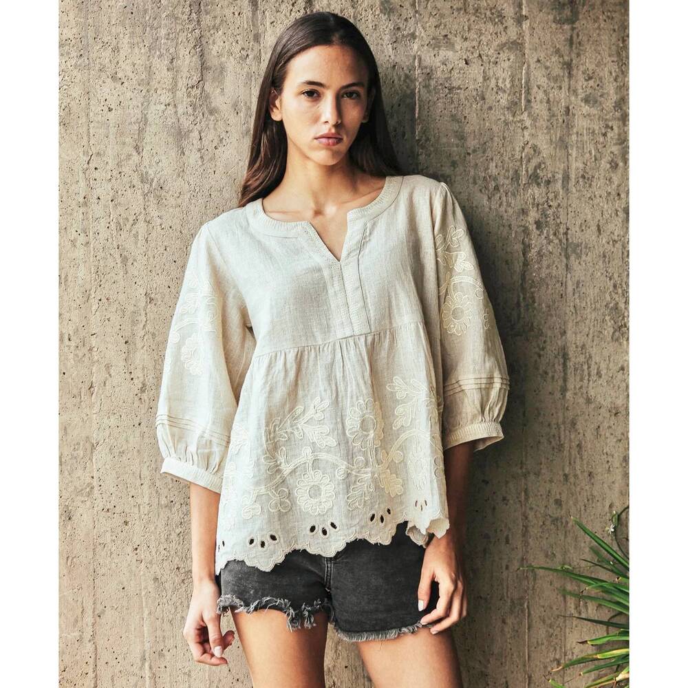 NEW ROSE & ROSE goldhawk daisy applique top in natural/gold